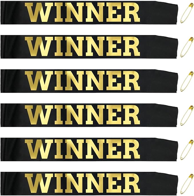 6 pcs Winner Satin Sash Party Accessory, Black And Gold Winner Satin Sashes Celebrate In Style At Parties, Contests, Sporting Events And Competitions, 1st Place Award Sash Grand Prize Ribbon Winner Victory Ribbon Deluxe Recognition Ribbons for Classroo...