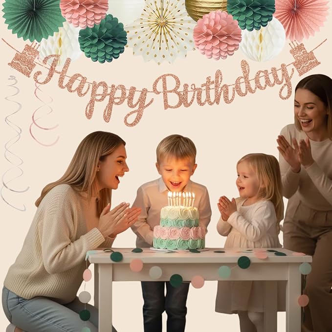 Pink Sage Green Birthday Party Decorations, Happy Birthday Banner with Honeycomb Balls, Paper Flowers, Fans, Lanterns, Circle Garland for Boys Girls, 1st Birthday, Garden Party Decor 19pcs