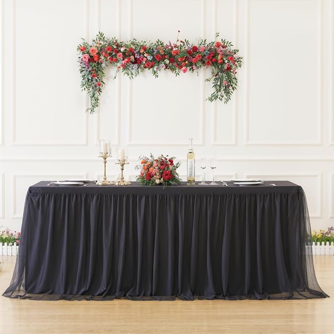 Black Tulle Tablecloths for 6 Foot Rectangular Tables 6ft Black Table Cloth Rectangle Wrinkle Free Stretch Spandex Table Cover with Tutu Skirt for Wedding Birthday Party Banquet Buffet Tradeshow