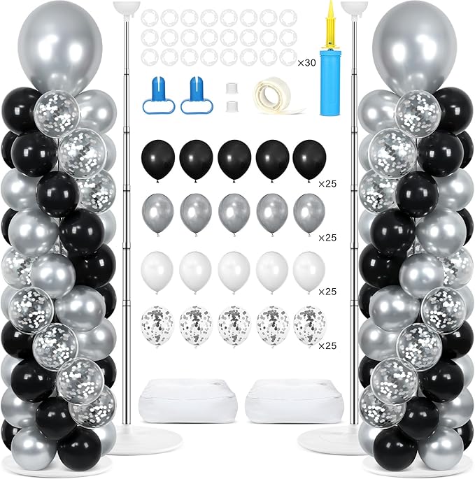 2 Sets Black and Silver Balloon Column Stand Kit with 100 Balloons Graduation Adjustable Tower Stand with Base for Floor Spring Mother's Day Column for Birthday Wedding Party Decor