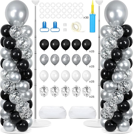 2 Sets Black and Silver Balloon Column Stand Kit with 100 Balloons Graduation Adjustable Tower Stand with Base for Floor Spring Mother's Day Column for Birthday Wedding Party Decor