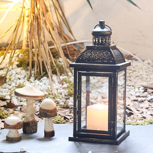 Lanterns Decorative Indoor&Outdoor, 14.4'' Large Black Square Hanging Lanterns, Vintage Metal Candle Holder for Outdoor Patio Front Door Porch Wedding Party Decor