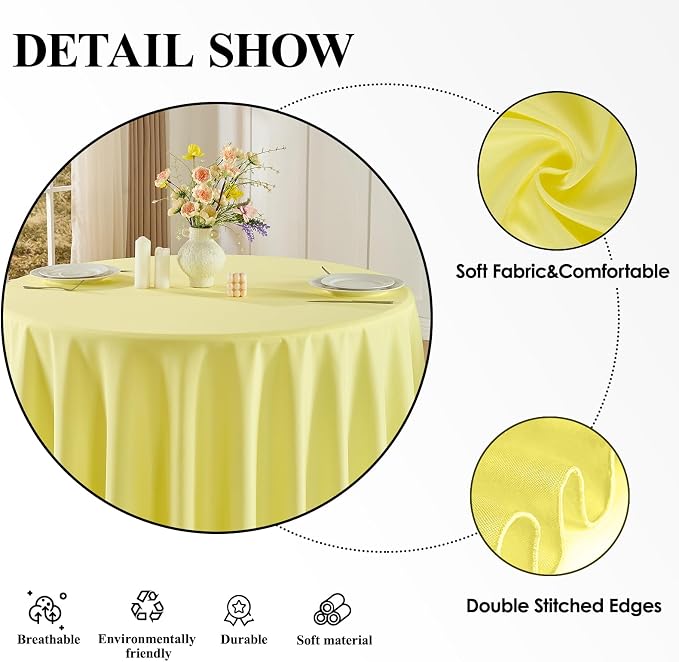 Round Tablecloth 132 Inch 6 Pack Yellow Tablecloths Washable Decorative Linen Polyester Table Clothes Cover for Dining Table Banquets Buffet Parties and Wedding
