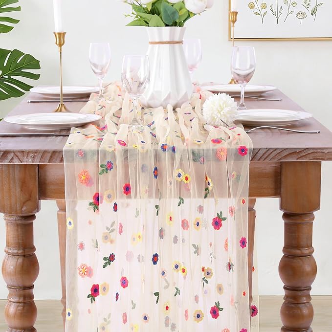 QueenDream Floral Tulle Table Runner 10FT Champagne Embroidery Daisy Spring Summer Table Linens Sheer Gauze Table Fabric Decorations for Home Wedding Tea Party Birthday