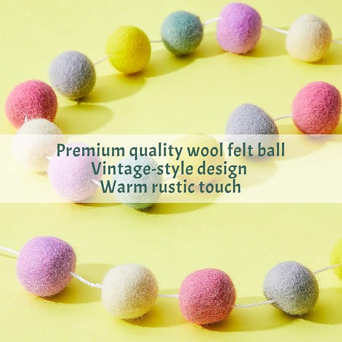 WILLBOND 2 Pieces Wool Felt Rainbow Ball Garland Colorful Pom Pom 6.5 ft Long 24 Ball Garland for Easter Mardi Gras Classroom Halloween Thanksgiving Xmas (Novel Colors)