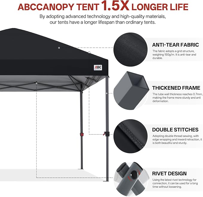 ABCCANOPY 10x10 Pop Up Canopy Tent, Easy Setup Instant Shelter with Wheeled Bag, Heavy Duty Outdoor Canopy for Beach, Market, Backyard, UV Protection, Outdoor Weather Protection (Dark Black, 10x10)