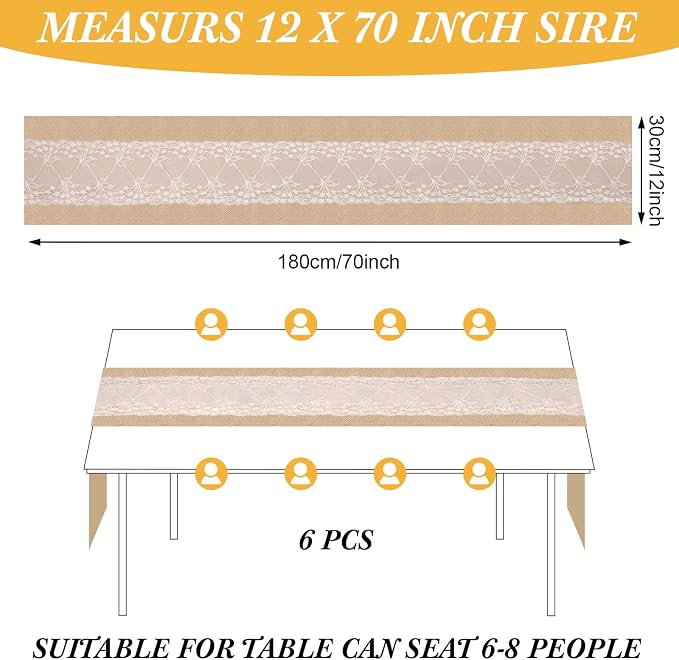 Xinnun 6 Pack Burlap Table Runner with Warm LED Lights,Rustic Lace Wedding Table Decor,Boho Farmhouse Jute Runner for Reception Bridal Shower Party(Fashion,12x70 Inches)
