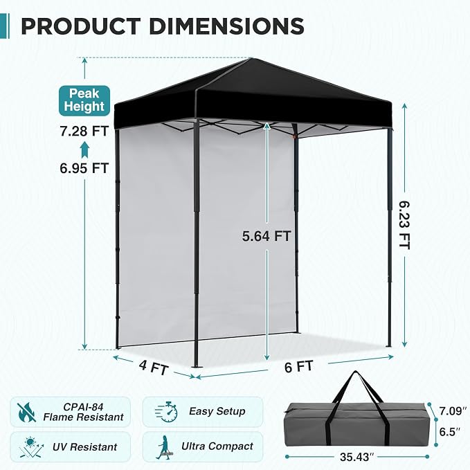 EAGLE PEAK 6x4 Instant Pop Up Canopy Tent with 1 Side Wall Panel, Straight Leg Sun Shelter, Portable Canopy with Carry Bag for Camping, Beach & Sports, Black