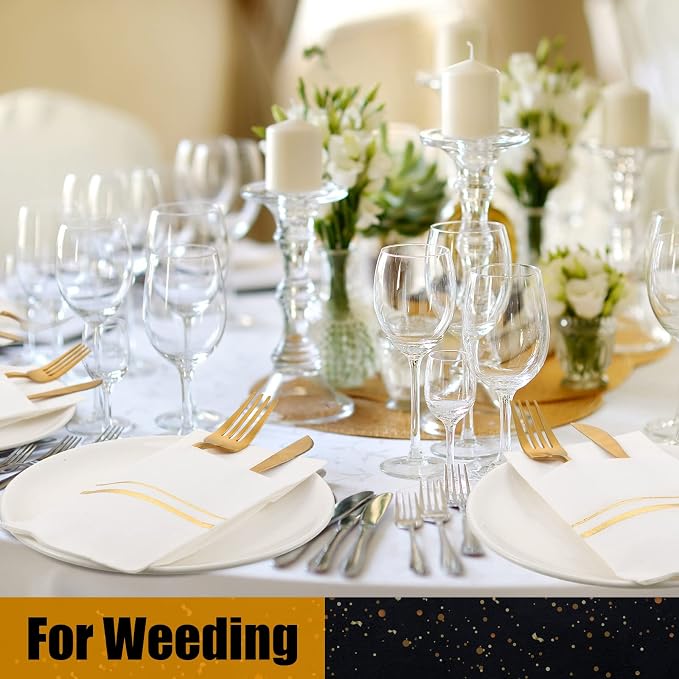 Roshtia 100 Pack Dinner Napkins Disposable Linen Feel Dinner Napkins with Built-in Flatware Pocket Gold Trim Lined Pre Folded Paper for Wedding Party (White,Gold)