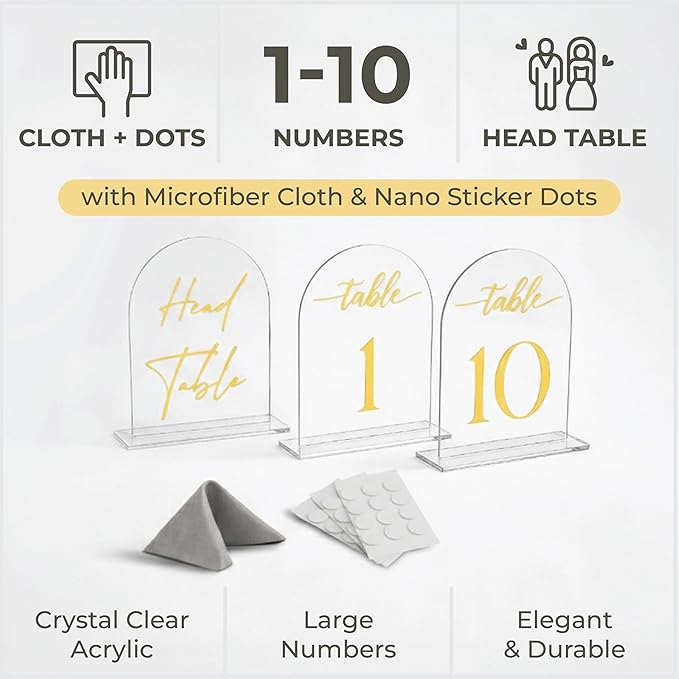 Clear Arch Acrylic Table Numbers for Wedding Reception - 5" x 7" Gold Font Centerpiece Set with Holder Stands & Head Table Sign - Anniversary, Event, Party, Wedding set 1-10