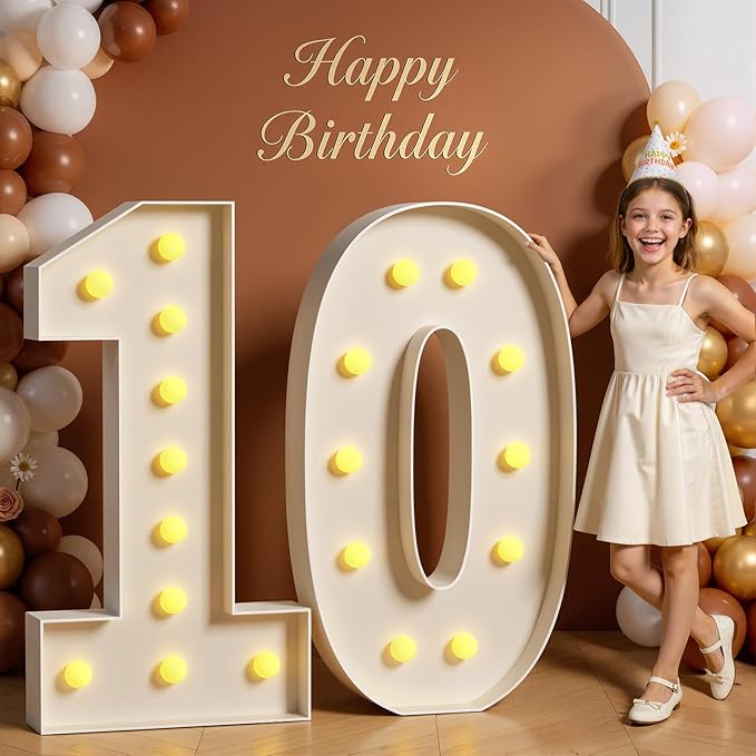 Tongjoy 4FT Marquee Numbers Large Light Up Numbers for 10th Birthday Decoration, Light Up for 10 Years Old, Anniversary Party Decor Birthday, Pre-Cut Foamboad DIY