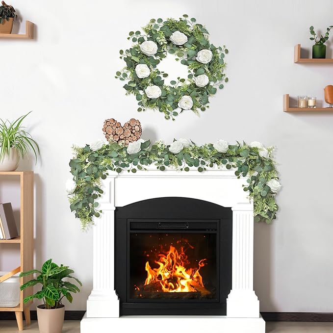 4 Pack 6.23 FT Artificial Eucalyptus Garlands with White Roses,Faux Floral Greenery Garlands Fake Rose Flowers Vines Garlands for Wedding Table Centerpieces Arch Party Ceremony Backdrop Decor