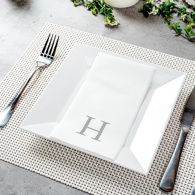 Luxenap 15.8 X 7.9 Inch Linen-Feel Guest Towels, 2000 Lettered Hand Towels - Silver Letter 'H', Sans Serif Font, White Paper Dinner Napkins, airlaid, For Restrooms And Tables - Restaurantware