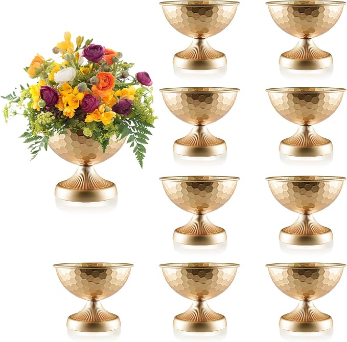 Gold Metal Urn Vases 10 Pcs - 7.5 Inch Vintage Hammered Pedestal Flower pots Bulk for Wedding Centerpieces, Elegant Floral Arrangement Vase Decor, Anniversary Party Home Decoration
