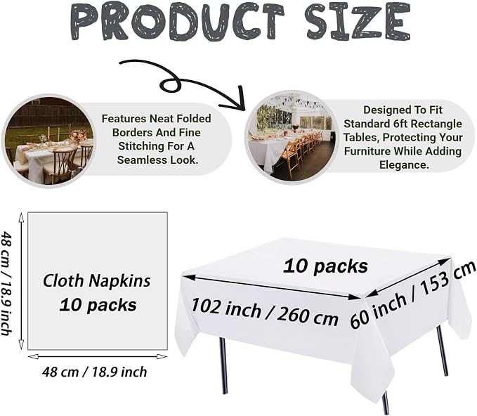 10 Pack White Table Cloth Rectangle Table Cloths for 6 Foot Rectangle Tables 60 X 102 Inch Washable Polyester Table Covers, Reusable & Wrinkle Resistant for Weddings, Parties, Events, and Daily Use
