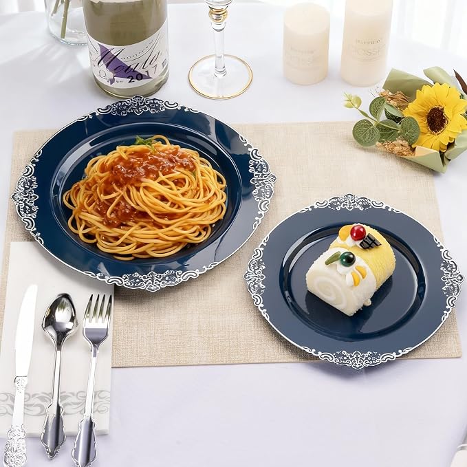 Bestluck 350PCS Navy Blue Plastic Plates for 50 Guests, Disposable Plates with Silver Trim include 50 Dinner and Dessert Plates, 150 Gold Silverware, 50 Cups, 50 Napkins for Party, Wedding