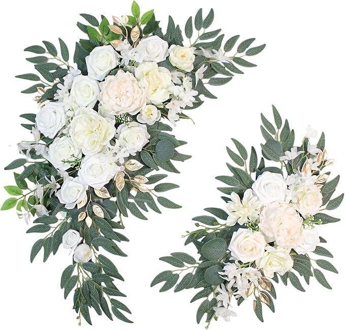 Odouzy Pack of 2 Wedding Arch Decorations Artificial Hanging Flowers Floral Swag for Wedding Welcome Sign Backdrop Balloon Arch Home Party Bridal Ceremony Reusable(White)