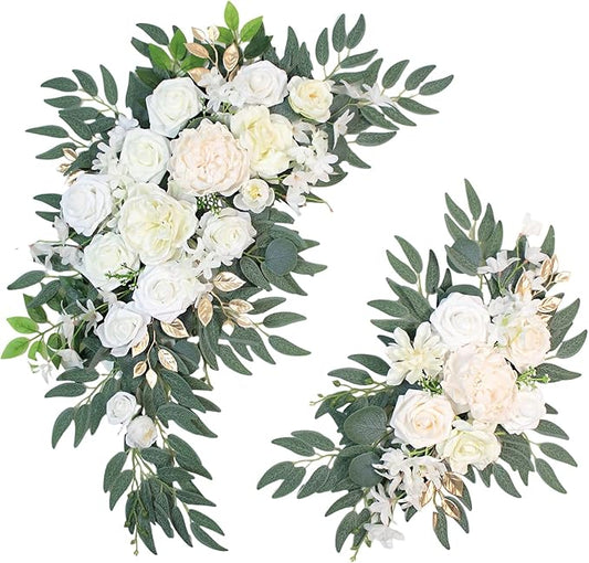 Odouzy Pack of 2 Wedding Arch Decorations Artificial Hanging Flowers Floral Swag for Wedding Welcome Sign Backdrop Balloon Arch Home Party Bridal Ceremony Reusable(White)