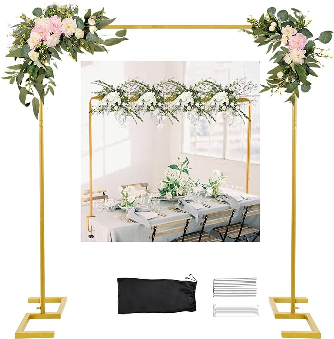 8.2 FT Wedding Arch Rectangle Stand Square Backdrop Stand , Extra Clamps to Table Rod Stand, Adjustable Photo Booth Background Kit, Balloon Arch Stand For Valentines Day Birthday Baby Shower Decor