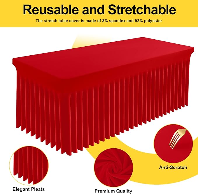 Smiry Spandex Tablecloth, Elastic Fitted Stretch Tablecloth for 8FT Rectangle Tables, Waterproof Washable Table Cover Skirt for Outdoor, Wedding, Banquet & Parties (Red, 96Lx30Wx30H Inch)