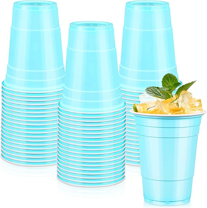 LANLISA 100 Light Blue Plastic Cups, 16 oz Disposable Cups, Drinking Cups For Party Supplies