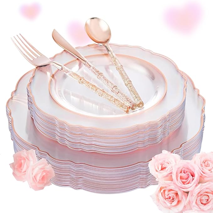 Liacere 150PCS Rose Gold Plastic Plates - Clear Rose Gold Disposable Plates with Glitter Bamboo Handle Cutlery - 60 Baroque Elegant Plates, 30 Forks, 30 Spoons, 30 Knives for Wedding ＆ Mothers Day