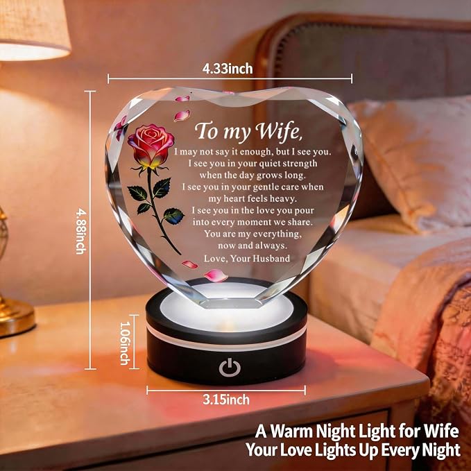 Anniversary and Birthday Gifts for Women Wife, Heart Shaped Crystal Keepsake with Rose and Love Letter Engraving, Color Changing LED Base,Romantic Christmas Valentine's Day Gifts for Wife from Husband (Pink Rose - Multicolor LED)