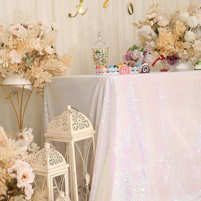 Juya Delight White Iridescent 60" x 102" Rectangle Sequin Tablecloth for Party Dinner Banquet Festival Wedding Anniversary Exhibition Dessert Table