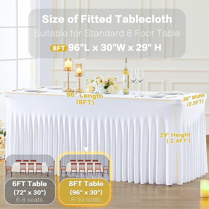 gogoparti 4 Pack Spandex White Fitted Table Cloth for 8ft Rectangle Tables White Stretch Tablecloth Table Covers Skirt Banquet Wrinkle Free Tablecloths for Parties Wedding