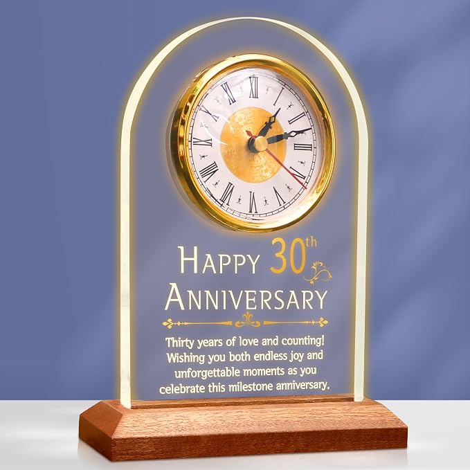 OkiyiD 30th Anniversary Wedding Gifts for Couples, 30 Years of Marriage, Light Up Anniversary Quartz Clock with LED Wooden Base for Home Decor,30th Wedding for Husband Wife, Parents