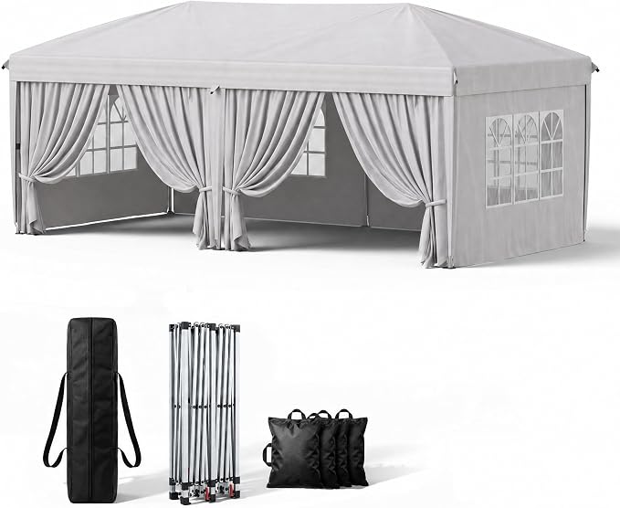 KIGOTY 10x20 FT Portable Pop Up Canopy Tent, Adjustable Height Instant Gazebo with Sidewalls, Sandbags, Waterproof Outdoor Canopy for Camping, Parties, Vendor Events (White, 3m × 6m with sidewalls)