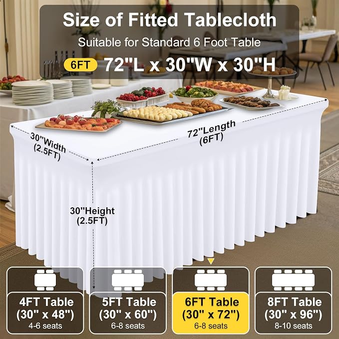 Smiry Spandex Tablecloth 2 Pack, Elastic Fitted Stretch Tablecloth for 6FT Rectangle Tables, Waterproof Washable Table Cover Skirt for Outdoor, Wedding, Banquet & Parties (White, 72Lx30Wx30H Inch)