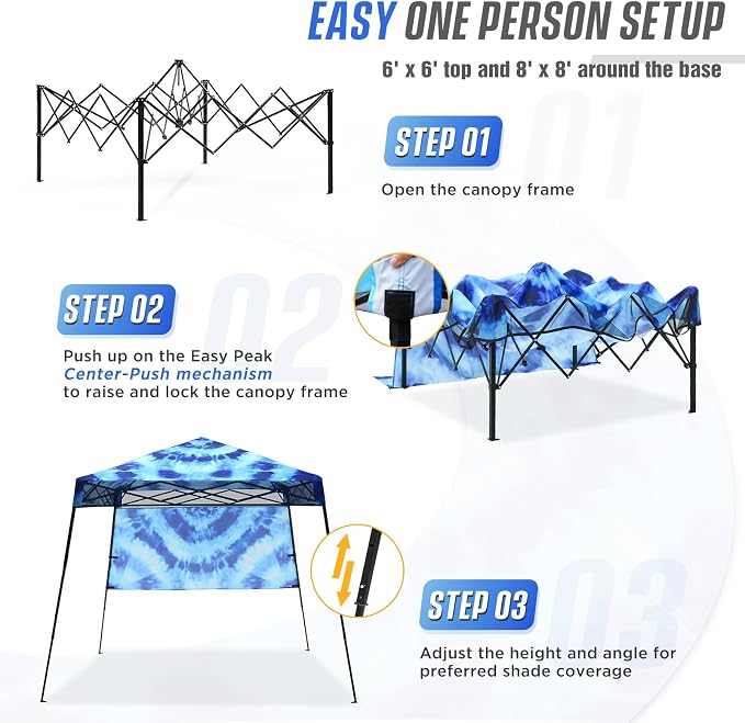 EAGLE PEAK 8x8 Pop Up Canopy Tent with Sidewall, Compact, Portable Slant Leg Instant Sun Shelter for Beach, Sports, & Camping, 8x8 Base 6x6 Top, Tie Dye Blue