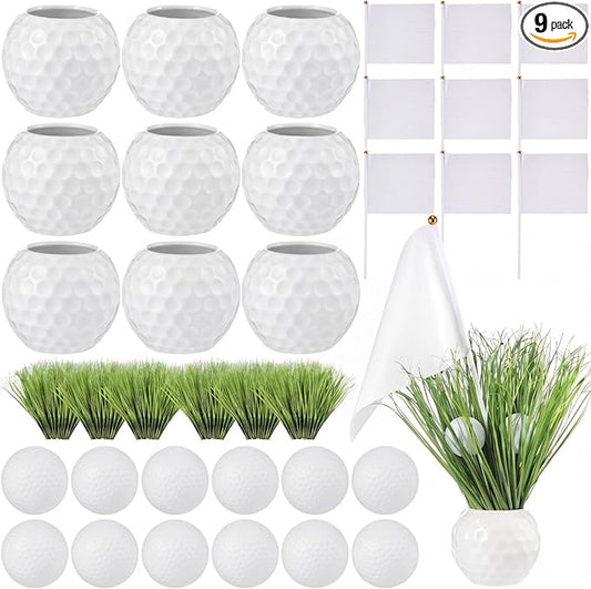 9 Set Golf Centerpieces Party Table Decorations Kit Includes Ceramic Golf Ball Planters 120 Artificial Grass Stems 18 Mini Balls 9 Flags for Sport Themed Party Supplies Rugby Favors