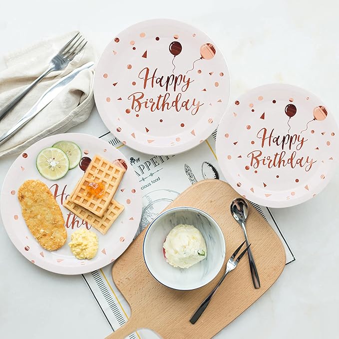 White & Rose Gold Party Supplies - Rose Gold Dots Happy Birthday Paper Plates and Napkins, Cups and Straws, Birthday Party Decorations for Girls and Women, Serves 24
