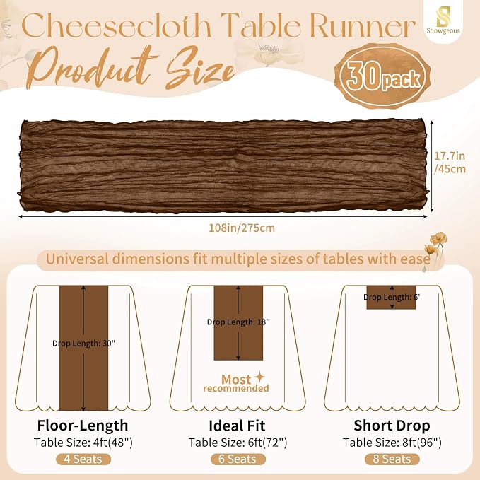 30 Pack Brown Cheesecloth Table Runner 17 x 108 inch Boho Gauze Table Runner Rustic Sheer Cheese Cloth Table Decorations for Wedding Party Baby Bridal Shower Birthday Holiday Home