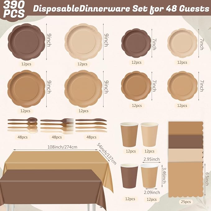 Ceenna 390 Pcs Brown Party Decoration for 48 Guests, Gradient Brown Beige Paper Plates Napkins Cups Tablecloth Cutlery Disposable Tableware Set for Boho Birthday Baby Shower Wedding Party Supply