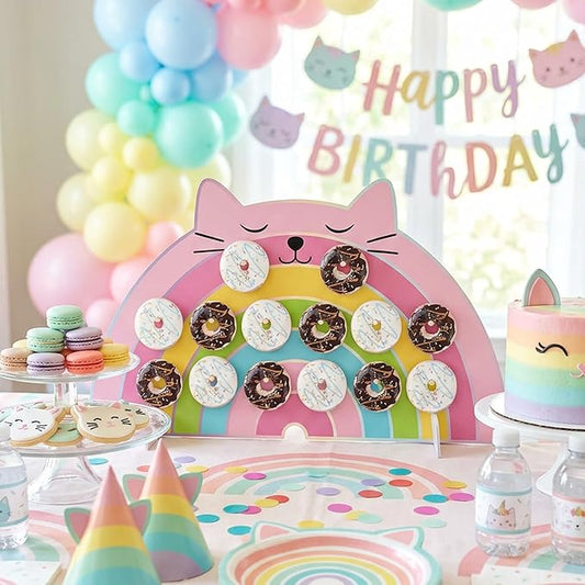 HOMEZZO Cartoon Cat Donut Wall Stand, Rainbow Donut Display Board, Reusable PVC Dessert Table Decoration for Birthday, Cat Theme Party