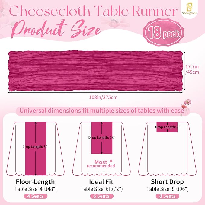 18 Pack Fuschia Cheesecloth Table Runner 17 x 108 inch Boho Gauze Table Runner Rustic Sheer Cheese Cloth Table Decorations for Wedding Party Baby Bridal Shower Birthday Holiday Home