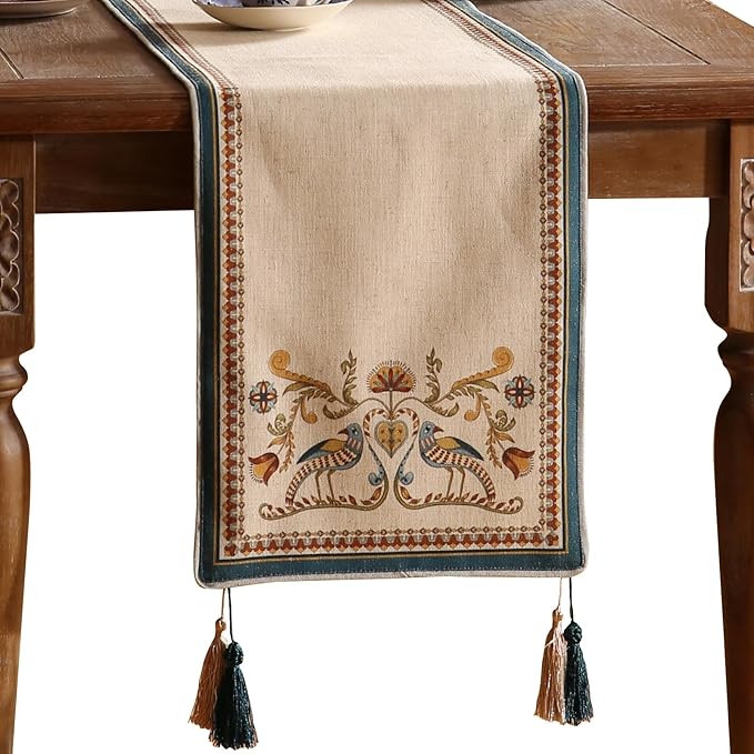 patdrea Designer Beige Farmhouse Geometric Patterned Linen Table Runner 102 Inch Long,Wrinkle Resistant Table Mat,Decoration for Kitchen Dining and Coffee Tables Banquet Christmas ,12"x102"