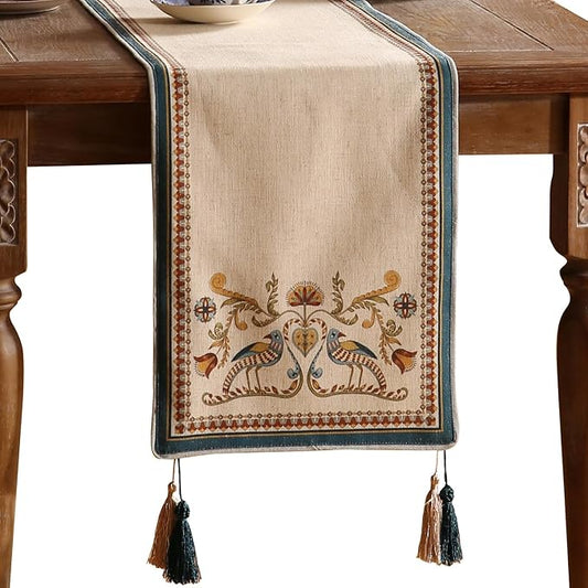 patdrea Designer Beige Farmhouse Geometric Patterned Linen Table Runner 87 Inch Long,Wrinkle Resistant Table Mat,Decoration for Kitchen Dining and Coffee Tables Banquet Christmas , 12"x87"