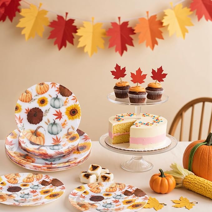 WDF 24Pcs Thanksgiving Plastic Plates - Heavy Duty Fall Plastic Plates - Gold Pumpkin and Sunflower Pattern for Thanksgiving Dinner & Parties (Pack of 2)