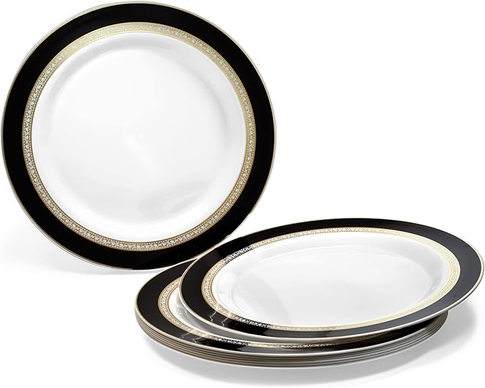 OCCASIONS 240 Fancy Black Gold Disposable Plastic Plates for 120 Guests, Heavy Duty Dinnerware, Looks Like Real China, Wedding Party, 10.5" Dinner + 7.5" Salad/Dessert, BPA-Free (Ritz Black and Gold)