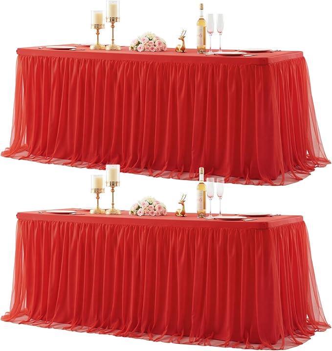 Suppromo 2 Pack 6ft Red Tulle Tablecloths for Rectangle Tables 6 Foot Red Rectangular Table Cloth Wrinkle Free Tablecover with Tutu Skirt for Baby Shower Wedding Birthday Party Banquet Buffet Cake