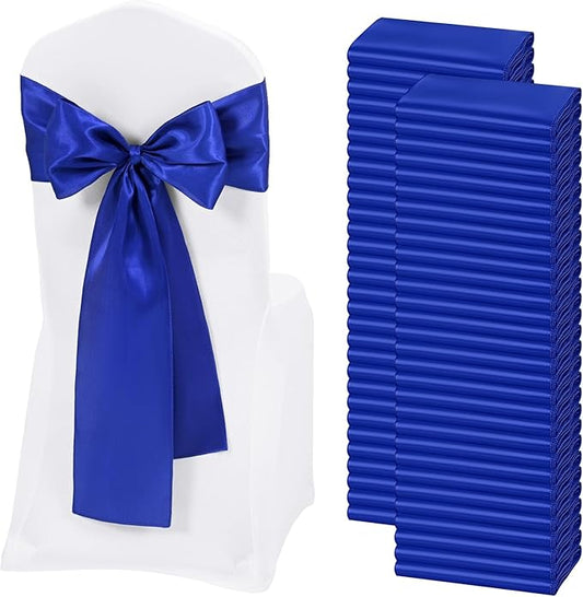 60 PCS Royal Blue Satin Chair Sashes, Ties Bows Designed Chairs Decorative, Chair Cover Sashes for Thanksgiving Wedding Christmas Banquet Party Home Kitchen Decoration (7 x 108 inch)