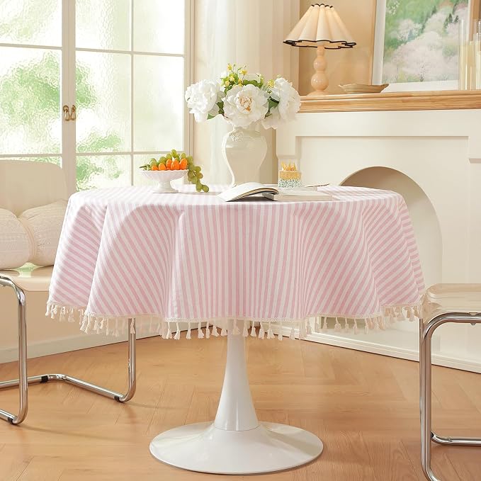 meioro Striped Round Tablecloth, Cotton Blend Fabric Pink Circle Table Cloth with Tassel, Washable Wrinkle Free Table Cover Cute Small Tablecloths for Card Coffee Tables Home Party - Round 39 Inch