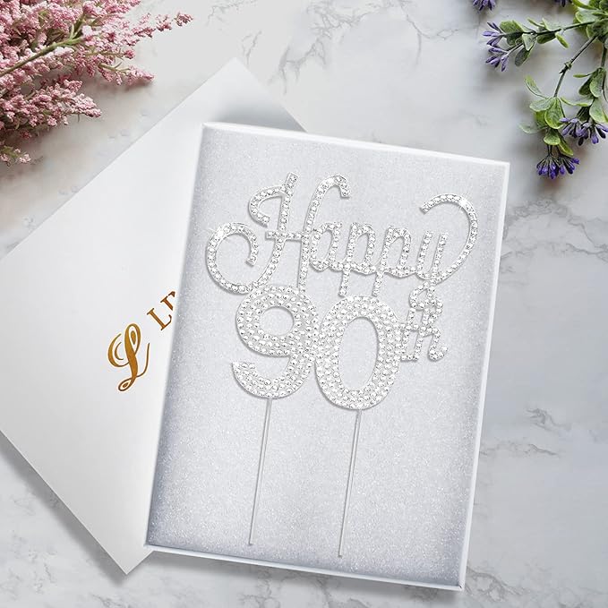 LINGTEER Happy 90th Birthday Silver Rhinestone Cake Topper - Cheers to 90th Birthday Ninety Years Old Anniversary Party Cake Centerpieces Topper Decorations Gift Sign.