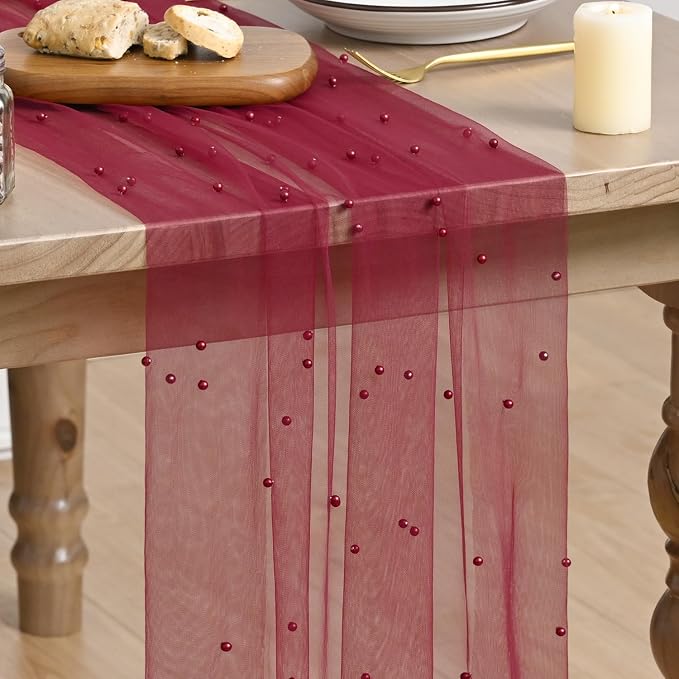 Artoid Mode 3PCS Pearl Burgundy Gauze Table Runner 120 Inch 10FT, Seasonal Sheer Dining Holiday Wedding Birthday Baby Shower Table Decor for Home Party