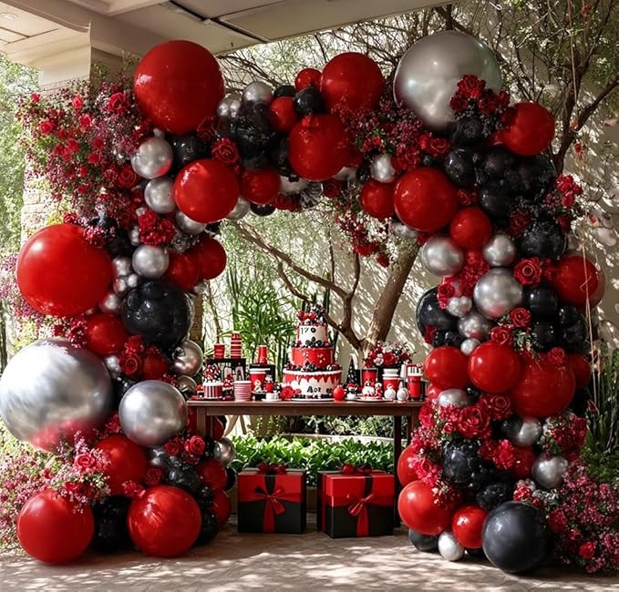 Red Black Balloon Arch, Double Stuffed Dark Ruby Red Black Silver Balloon Garland Kit Burgundy Maroon Balloons for Birthday Wedding Valentines Day Baby Shower Engagement Graduation Party Decor