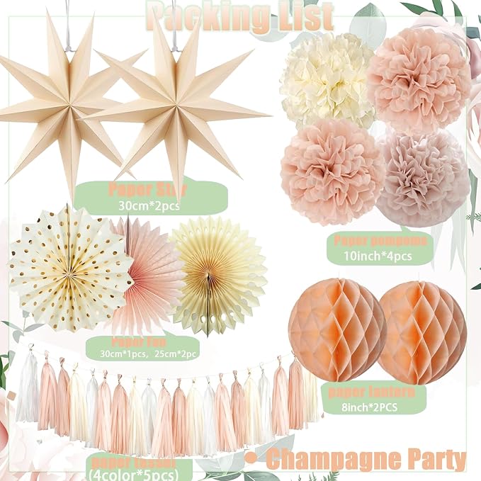 Champagne Beige Party Decoration,15PCS Champagne Boho Birthday Decorations for Women Men Girl Boy,Hanging Backdrop Decor for Engagement,Boho Wedding,Baby Shower,Bridal Shower,Garden Party